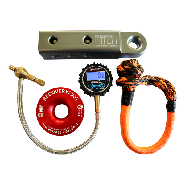 MegaPro Hitch, Soft Shackle, Tyre Deflator and Recovery Ring Combo