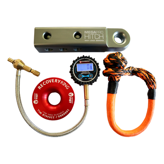 MegaPro Hitch, Soft Shackle, Tyre Deflator and Recovery Ring Combo